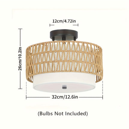 Boho Rattan Ceiling Light with Linen Shade | Semi-Flush Mount for Warm Ambient Glow