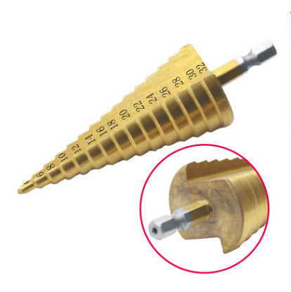 Step Drill Bit 4mm to 32mm Titanium Coated High Speed Steel with 6.35mm Hex Shank for Thin Metal, Aluminium, PVC and Wood