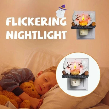 Campfire Ghost Night Light with Warm Flickering Glow, Marshmallow Roasting Ghost Lamp for Kids Bedrooms and Hallways