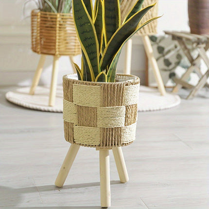 Bohemian Bamboo Flower Stand with Handwoven Checkered Design | Stylish Planter for Indoor or Outdoor Spaces