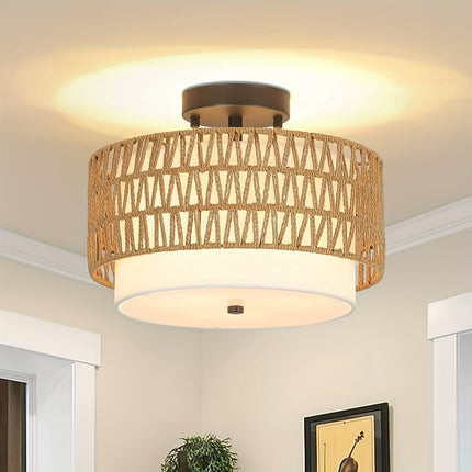 Boho Rattan Ceiling Light with Linen Shade | Semi-Flush Mount for Warm Ambient Glow