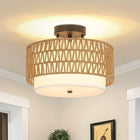 Semi Flush Mount Ceiling Lights, Boho Rattan Light Fixture with Linen Shade, Dining Room Light Fixture for Bedroom_00