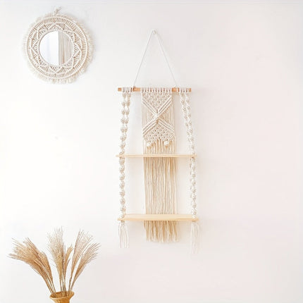 Boho Macrame Wall Shelf with 2-Tier Design | Natural Wood & Cotton Rope for Stylish Space-Saving Storage