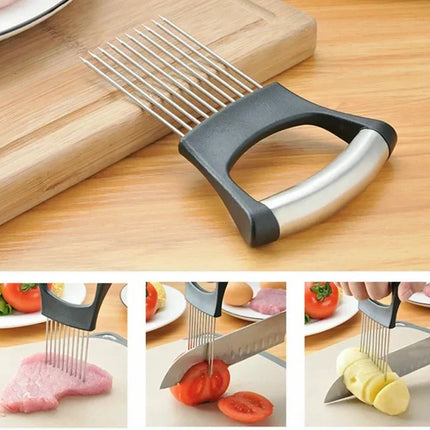 Food Slicing Holder with Sharp Holding Pins and Non-Slip Grip for Even Slices of Tomatoes and Onions