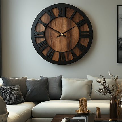 Large Wall Clocks for Living Room, Vintage Roman Numeral Clock with Wooden Face, Silent Farmhouse Wall Clock_01
