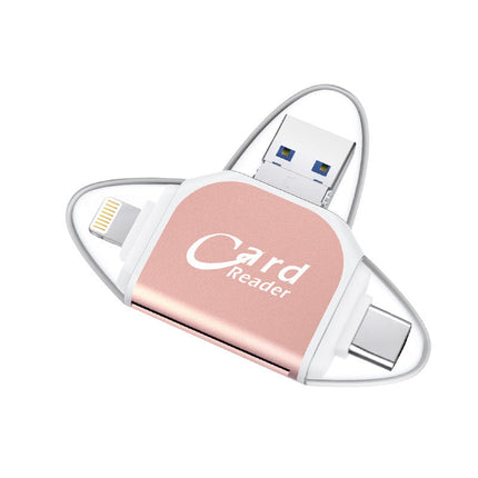 SD Card Reader with USB, USB-C and Lightning Connectors, Reads SD, MicroSD and TF Cards, Black and Rose Gold, 3 in 1 for iPhone and Android