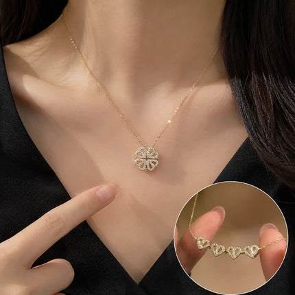 Clover Necklace, Convertible 4 Heart Pendant Worn 2 Ways as a Row of Hearts or a Clover Charm, Gift for Her