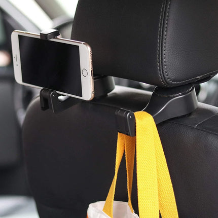 Car Headrest Hook Organizer, 2-in-1 Back Seat Bag Hanger with Phone Holder Mount for Purses and Groceries, 2 Colours