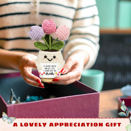 Crochet Flower Keepsake for Mom with Wooden Stand | Handmade Desk Decor Gift for Mother's Day