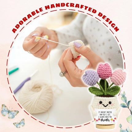 Crochet Flower Keepsake for Mom with Wooden Stand | Handmade Desk Decor Gift for Mother's Day