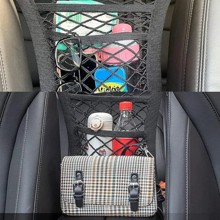 Car Seat Back Storage Net and Rear Pet Barrier with Adjustable Straps and Hooks for Cars, SUVs and Trucks