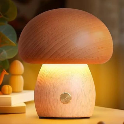 Scandinavian Portobello Mushroom Lamp with Adjustable Soft Light | Rechargeable Natural Wood Night Light for Home Serenity