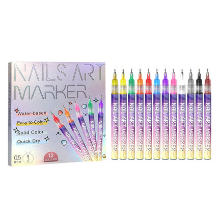 Nail Art Pen Set with 12 Colors and Fine Tip for DIY Manicure Designs at Home for Beginners