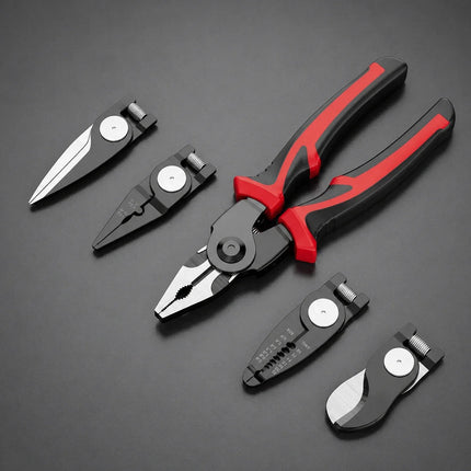 5 in 1 Multifunction Pliers with Swappable Heads, Wire Stripper, Cable Cutter, Crimper and Tin Shears for Electrical Repairs