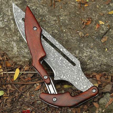 Damascus Steel Folding Pocket Knife, Wood Handle Everyday Carry Knife for Camping and Outdoor Tasks
