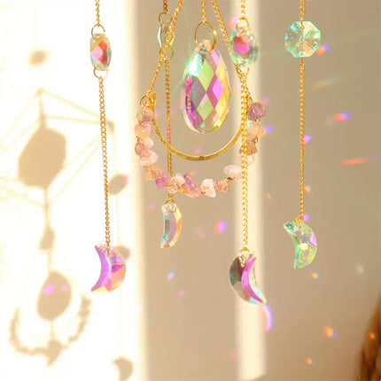 Hanging Crystal Suncatcher for Windows, Rainbow Prism Decor with Rose Quartz, Fluorite and Amethyst, 5 Colors