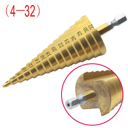 Step Drill Bit 4mm to 32mm Titanium Coated High Speed Steel with 6.35mm Hex Shank for Thin Metal, Aluminium, PVC and Wood