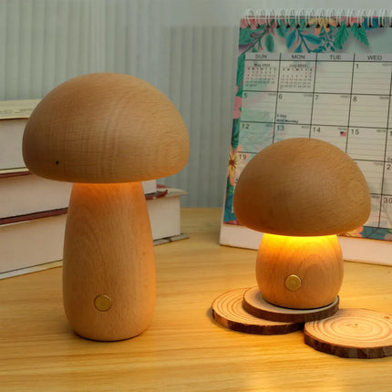 Scandinavian Portobello Mushroom Lamp with Adjustable Soft Light | Rechargeable Natural Wood Night Light for Home Serenity
