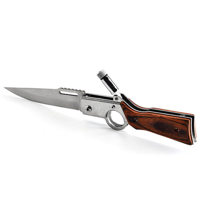Folding Pocket Knife with Stainless Steel Blade, Lever-Action Rifle Styling, Wooden Handle and Built-In Flashlight