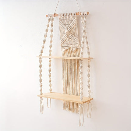 Boho Macrame Wall Shelf with 2-Tier Design | Natural Wood & Cotton Rope for Stylish Space-Saving Storage