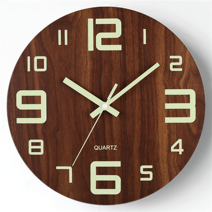 Walnut Luminous Wall Clock with Silent Quartz Movement | Glowing Numbers for Easy Nighttime Visibility