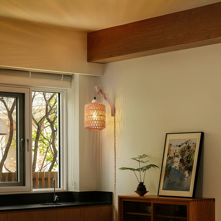 Boho Rattan Wall Lamp with Adjustable Cord | Hand-Woven Lighting for Cozy Spaces