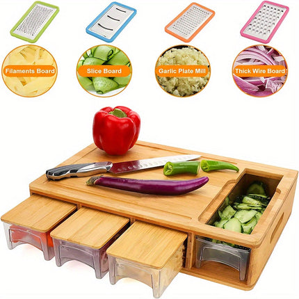 Bamboo Cutting Board Set with 4 Interchangeable Blades & Storage Trays | Eco-Friendly Kitchen Prep for Easy Cooking