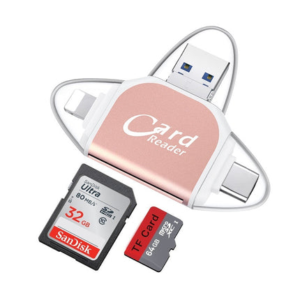 SD Card Reader with USB, USB-C and Lightning Connectors, Reads SD, MicroSD and TF Cards, Black and Rose Gold, 3 in 1 for iPhone and Android