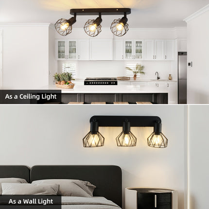 Vintage 3-Light Ceiling Spotlight with Adjustable Rotatable Shades | Industrial Black Metal Fixture for Versatile Lighting