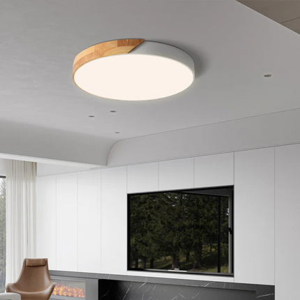Modern LED Ceiling Light with Natural Wood Accents | Versatile Dimming Options for Warm Atmosphere