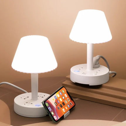 LED Charging Lamp 3-in-1 with Built-In USB Ports and AC Sockets, Warm Glow Bedside Table Light, US Plug