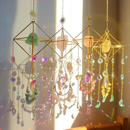 Hanging Crystal Suncatcher for Windows, Rainbow Prism Decor with Rose Quartz, Fluorite and Amethyst, 5 Colors