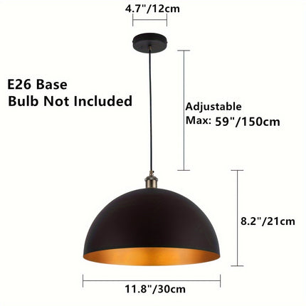 Vintage Industrial Dome Pendant Light with Adjustable Height | Black Iron Shade for Warm Reflective Illumination