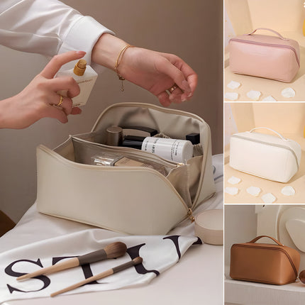 Large Capacity Makeup Bag Organizer with Wide Opening | PU Shell Travel Case for Skincare and Essentials