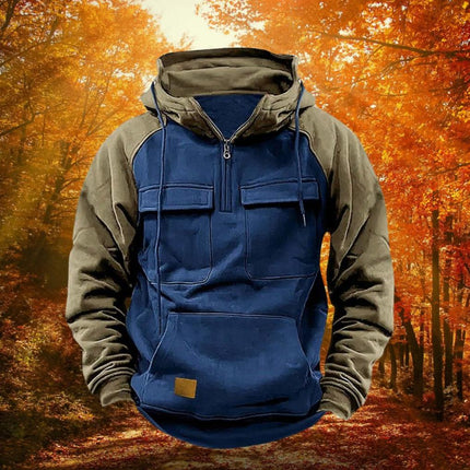 Quarter Zip Hoodie with Kangaroo Pocket, Color Block Pullover Hoodies – image 4