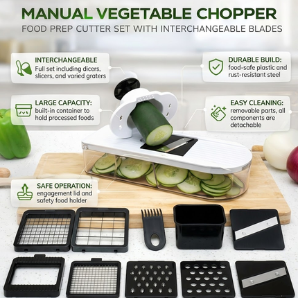 Manual Vegetable Chopper with 7 Interchangeable Blades | Safe Food Prep Tool for Slicing, Dicing, and More