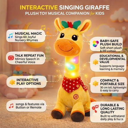 Interactive Singing Giraffe Plush Toy with 60 Nursery Rhymes | Soft Baby-Safe Companion for Early Childhood Development