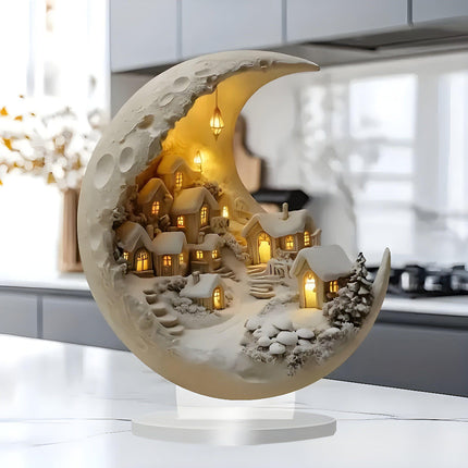 Acrylic Moon Light Tabletop Accent with Whimsical Village Scene | Soft Illumination for Charming Home Decor