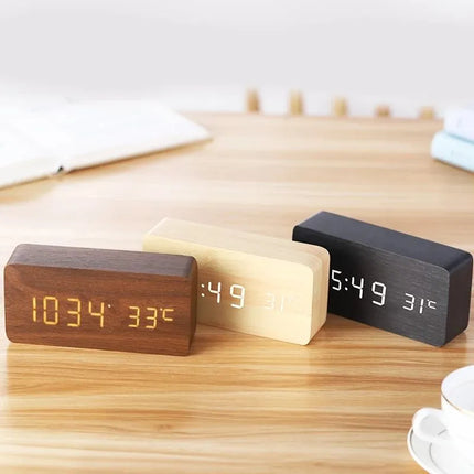 Digital LED Alarm Clock with Adjustable Brightness | Modern Wood Desk Clock for Easy Time Checks and Temperature Display