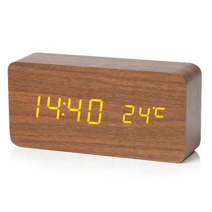 Digital LED Alarm Clock with Adjustable Brightness | Modern Wood Desk Clock for Easy Time Checks and Temperature Display