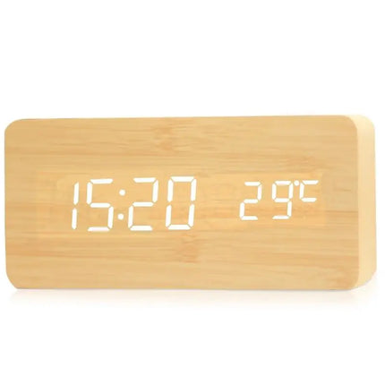 Digital LED Alarm Clock with Adjustable Brightness | Modern Wood Desk Clock for Easy Time Checks and Temperature Display