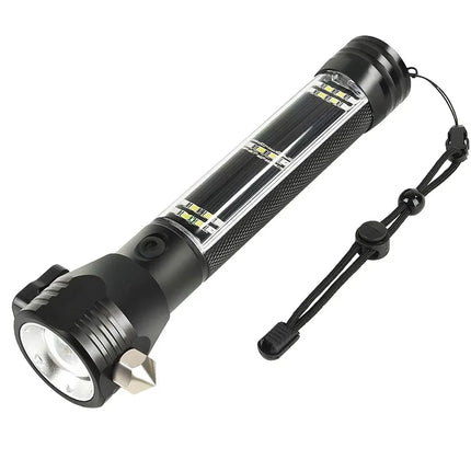 Emergency Solar Flashlight with USB Charging, Power Bank and Tungsten Steel Window Breaker, Multi Function Car Safety Tool
