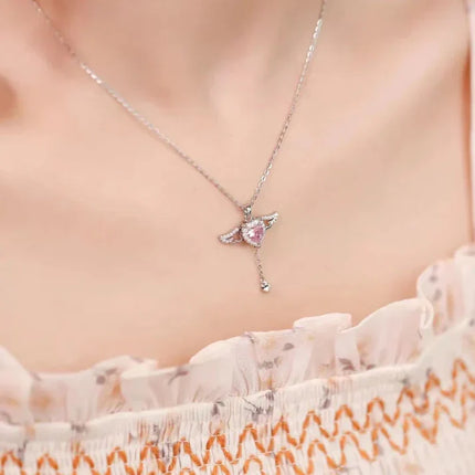 Silver Angel Wings Heart Pendant with Sparkling Crystals | Elegant Jewelry for Meaningful Connections