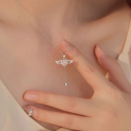 Silver Angel Wings Heart Pendant with Sparkling Crystals | Elegant Jewelry for Meaningful Connections