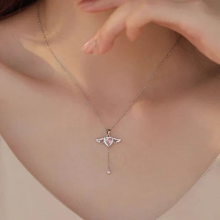 Silver Angel Wings Heart Pendant with Sparkling Crystals | Elegant Jewelry for Meaningful Connections