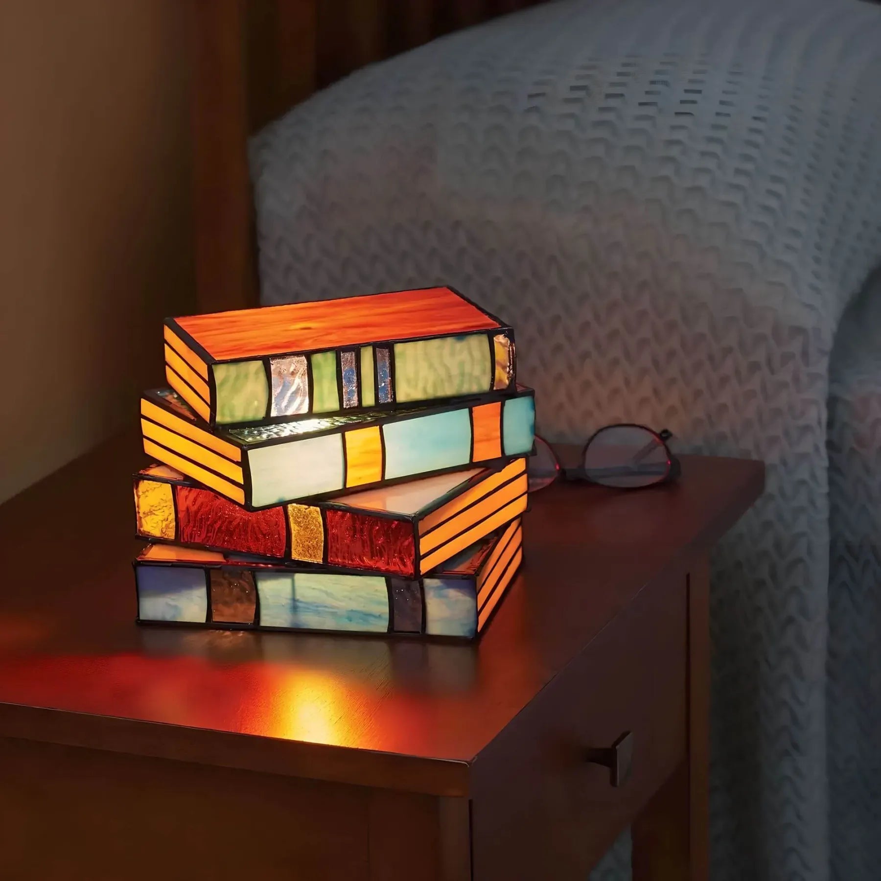 Artisan Glass Novel | Stained Glass Table Lamp with Warm Ambient Glow | Unique Bedroom Lamps for Book Lovers 0