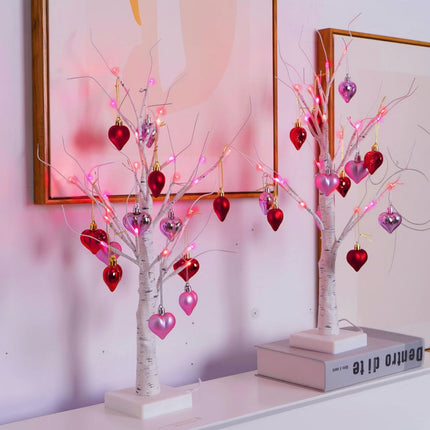 LED Birch Tree Table Lamp with Heart Ornaments | USB & Battery Powered Romantic Home Decor for Valentine’s Day