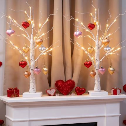 LED Birch Tree Table Lamp with Heart Ornaments | USB & Battery Powered Romantic Home Decor for Valentine’s Day
