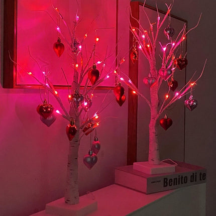 LED Birch Tree Table Lamp with Heart Ornaments | USB & Battery Powered Romantic Home Decor for Valentine’s Day