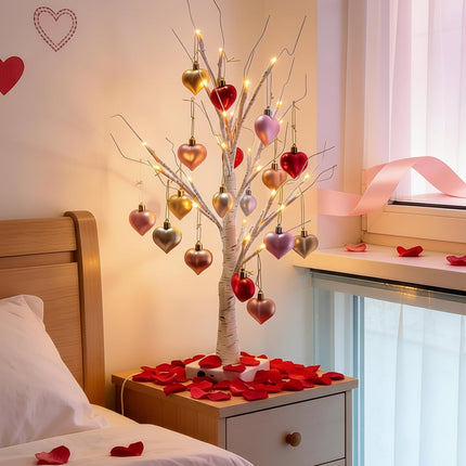 LED Birch Tree Table Lamp with Heart Ornaments | USB & Battery Powered Romantic Home Decor for Valentine’s Day
